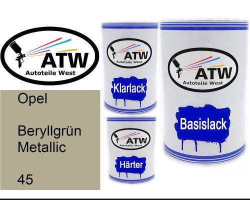 Opel, Beryllgrün Metallic, 045: 500ml Lackdose + 500ml Klarlack + 250ml Härter - Set, von ATW Autoteile West.
